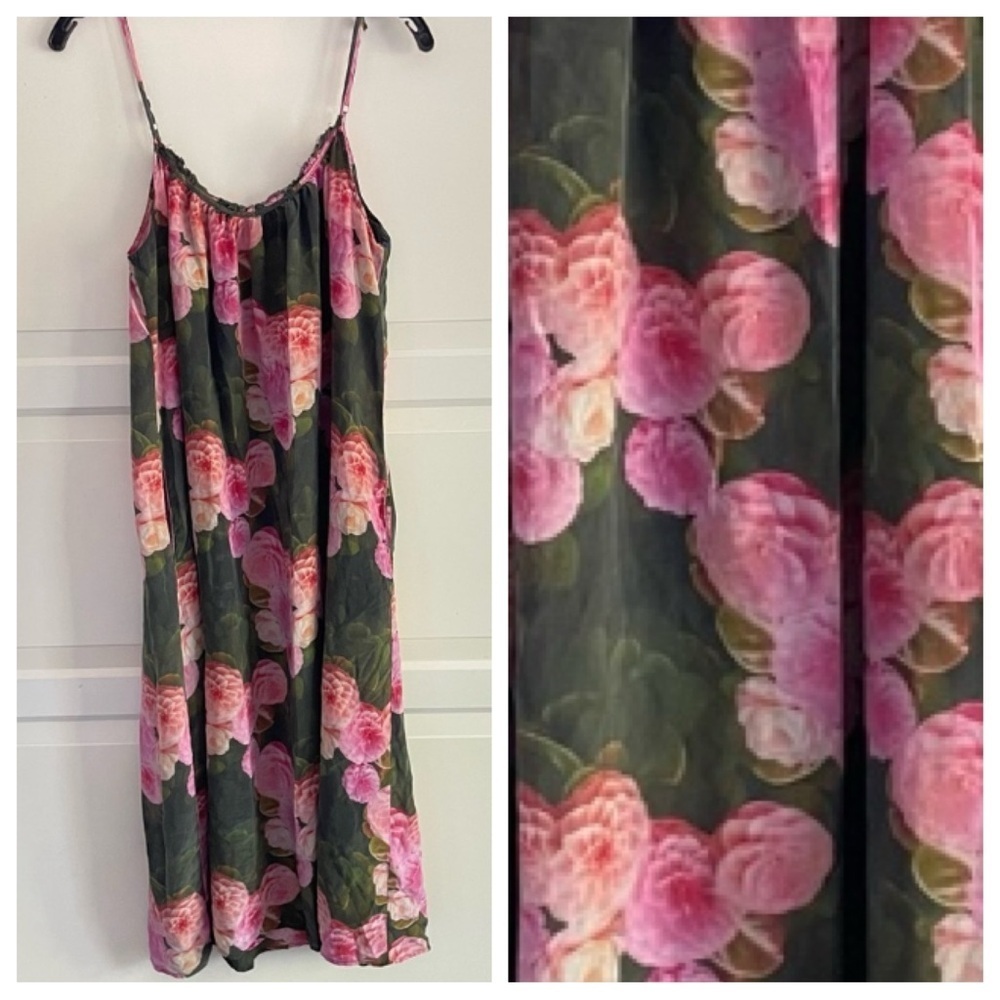 The Odells Silk Floral Print Midi Dress Green Pink Spaghetti Strap 26624